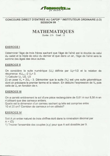 Sujet de Maths CAFOP 1999