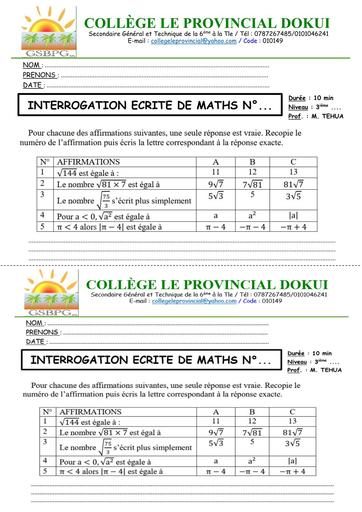 INTERROGATION ECRITE N°1 MATHE 3ième PROVINCIAL (RACINES CARREES)  DECEMBRE 2025 BY TEHUA