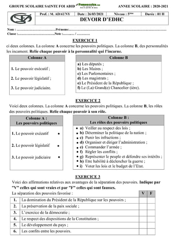 Devoir Histoire-Géographie 5ème Groupe Scolaire Sainte Foi 2020-2021