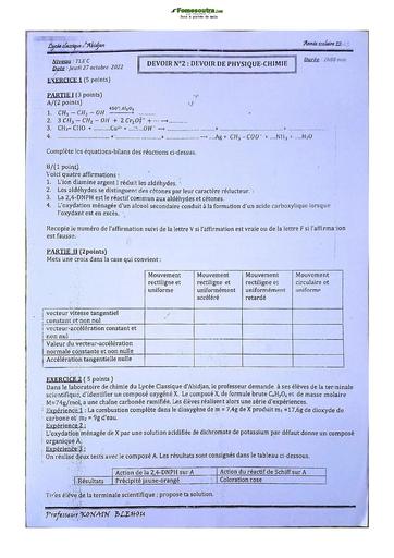 Sujets de Physique-Chimie Terminale C Lycée Classique 2022-2023