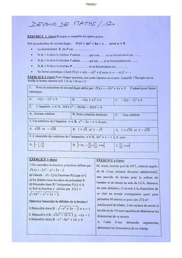 Sujet de Mathématique Première D Lycée Classique Abidjan 2023