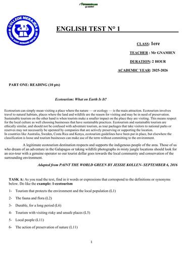 DEVOIR D'ANGLAIS 1ière COLLEGE MERAJEA 2026 BY TEHUA