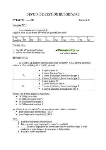 Devoir de Gestion Budgétaire - 2ème année Finance Comptabilité et Gestion Financière