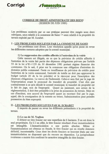 Corrigé de l'épreuve de Droit Administratif des Biens - Juin 1989