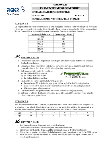 Sujet de Statistique Descriptive Licence Professionnelle 1ere année session 2011- PIGIER