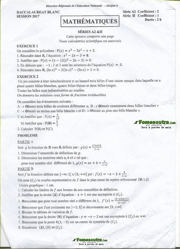 Sujet Mathématiques BAC blanc série A2 et H 2017 - DREN Abidjan 4