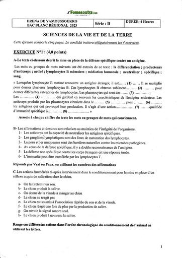 SUJET SVT Tle D BACCALAURÉAT BLANC RÉGIONAL MARS 2023 DREN YARO by TEHUA