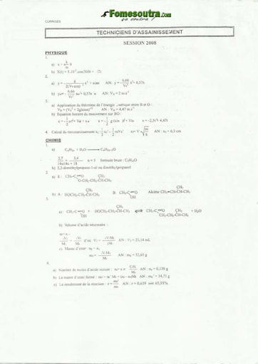 Corrigé de Physique-Chimie Techniciens d'Hygiène et d'Assainissement INFAS 2008