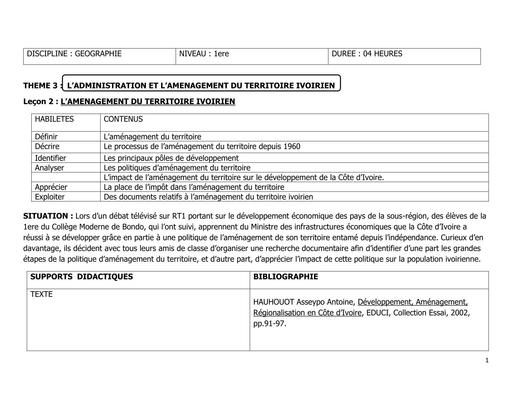GEO 1ière TH3 G6 L’AMENAGEMENT DU TERRITOIRE IVOIRIEN BY TEHUA