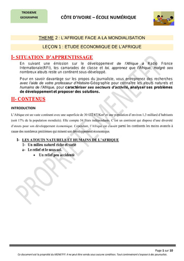 Etude économique de l’Afrique - Cours de Géographie niveau 3eme