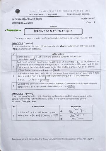 Examen Bac blanc Mai 2024 Fin d'année DGEM CSM Cocody Epreuve de Mathématiques by Tehua