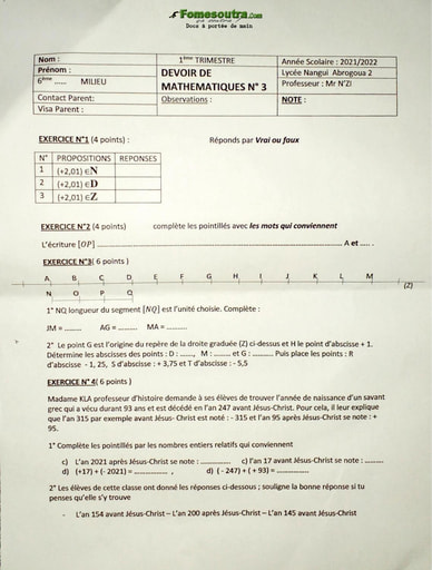 Devoir de Mathématiques niveau 6eme - Lycée Nangui Abrogoua - Année scolaire 2021-2022