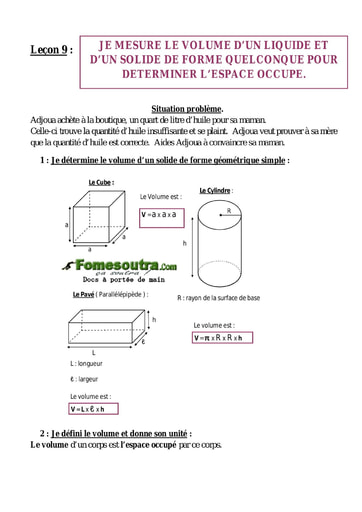 Leçon 9: Je mesure le volume d’un liquide et d’un solide de forme quelconque pour déterminer l’espace occupé - Cours chimie 6eme