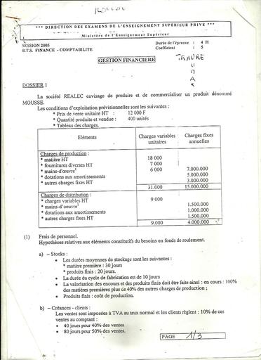 Examen BTS tertiaire 2005 gestion Financière FCba