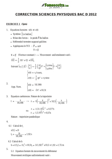 Corrigé de Physique-Chimie BAC D 2012