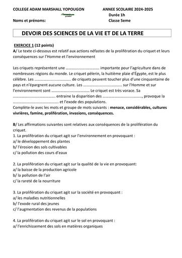 SUJET 5ième devoir SVT 5e proliferation des criquets COLLEGE ADAM MARSHALL by TEHUA