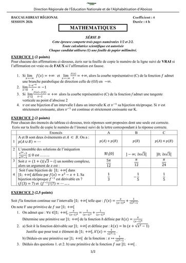 BAC BLANC 2026 DRENA ABOISSO SUJET MATHS SERIE D (SUJET) by TEHUA