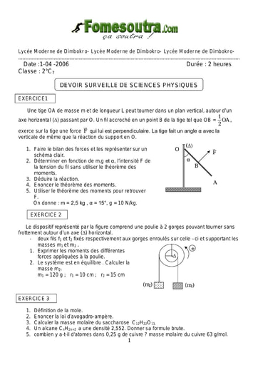 Devoir 8 de Physique-Chimie niveau 2nd C