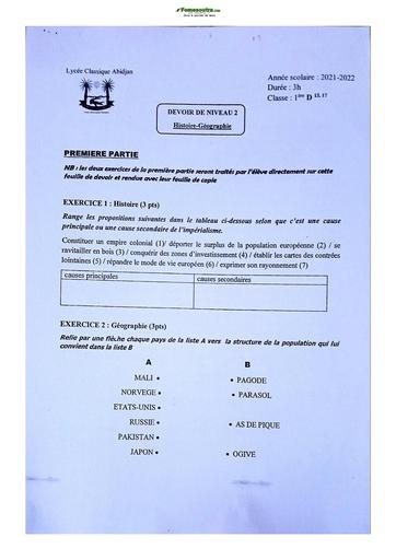 Devoir Histoire-Géographie Niveau Première Lycée Classique Abidjan 2023