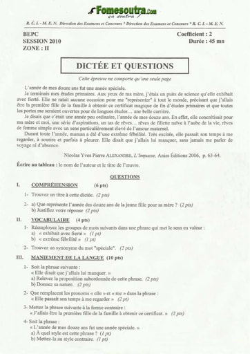 Sujet de dictée et questions BEPC 2010 Zone 2