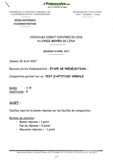 Sujet Test d'aptitude verbale - étape de présélection concours ENA cycle moyen  (Avril 2017)