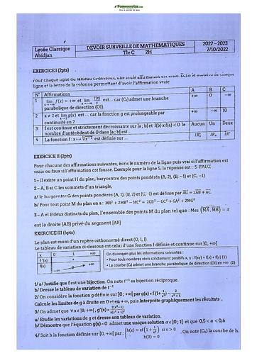 Sujets de Mathématique série C Lycée Classique d'Abidjan 2022-2023