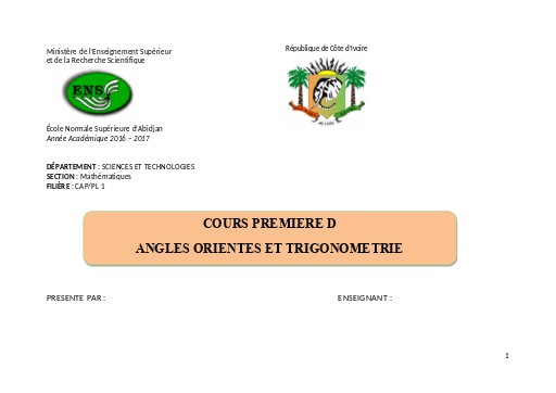 Fiche de cours Maths 1ière D Angles orientes et trigonometrie by TEHUA
