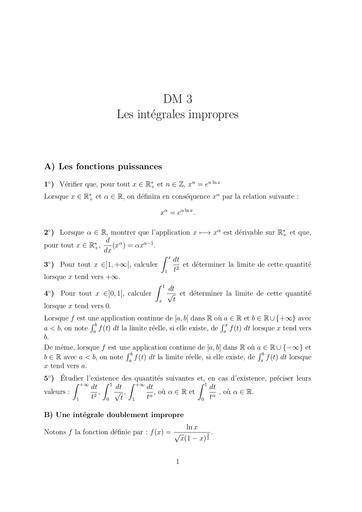 DM 3   énoncé   intégrales impropres