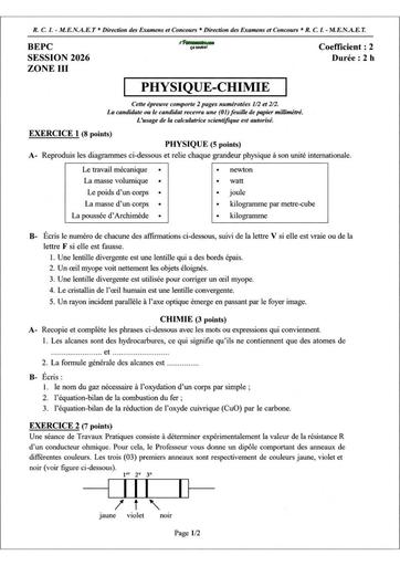Bepc 2026 PC zone 3 sujet by Tehua