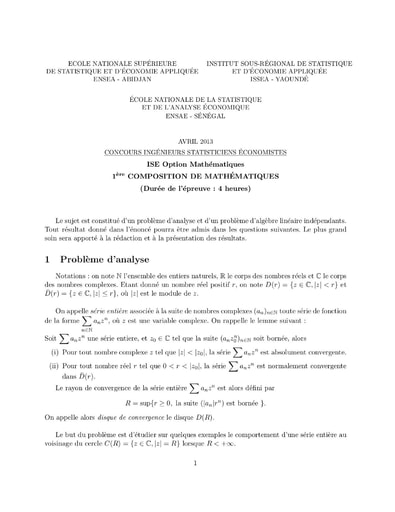 Sujet 1ère épreuve de maths ISE option maths 2013 (ENSEA - ISSEA- ENSAE)