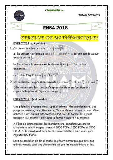 Epreuve de maths—ENSA 2018 THIAM SCIENCE BY TEHUA