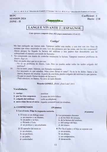 Bepc 2024 zone 2 LV2 ESPAGNOL by Tehua