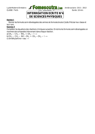 Interrogation 3 de Chimie niveau Terminale D