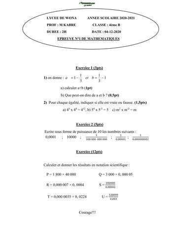 DEVOIR DE MATHS NIVEAU 4ième N°1 LYCEE DE WONA 2021 BY TEHUA