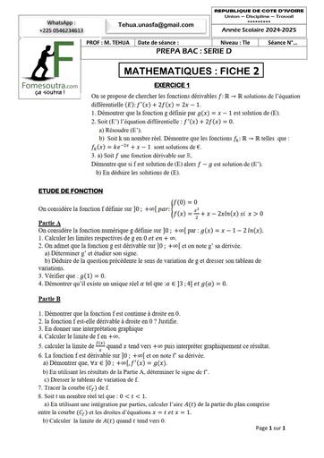 PREPA BAC 2025 SERIE D MATHS FICHE 2 BY TEHUA