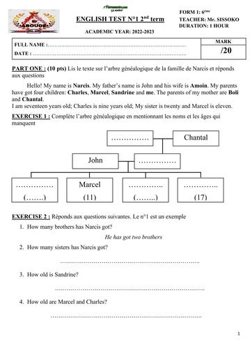 DEVOIR D'ANGLAIS N°1 6ème TRIMESTRE 2 BY TEHUA