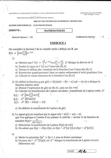 SUJET MATHS BTS 2021 ELECTROTECHNIQUE