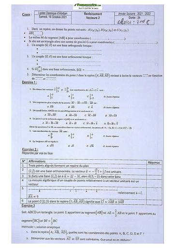 Sujet de Mathématiques Seconde C Lycée Classique Abidjan 2021-2022