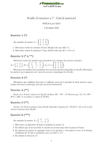 Feuille d'exercices (1): Calcul matriciel