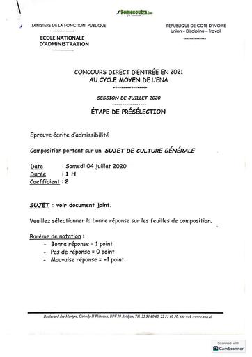 Concours ENA 2021 Cycle Moyen Présélection EPREUVE DE CULTURE GENERALE by TEHUA