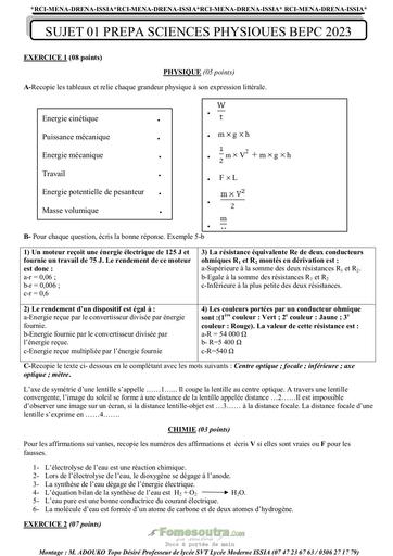 Compilation PREPA BEPC Physique-Chimie 2023 DRENA ISSIA