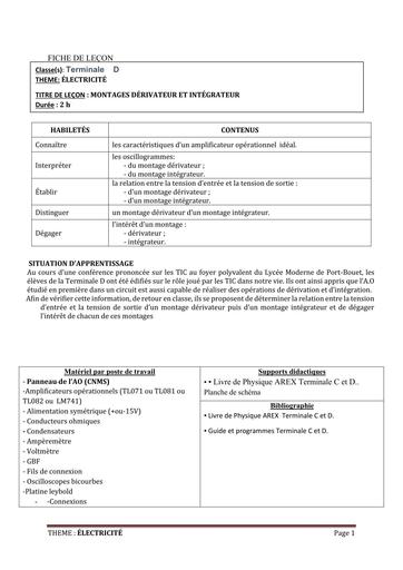 FICHE DE COURS PHYSIQUE Tle D L9 MONTAGE  DERIVATEUR