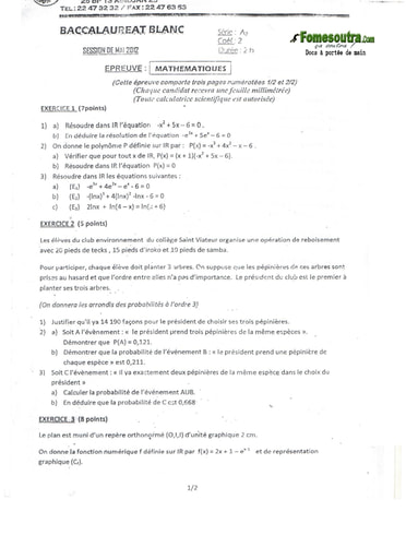 Sujet de Maths BAC blanc 2012 série A2 Collège St Viateur Abidjan