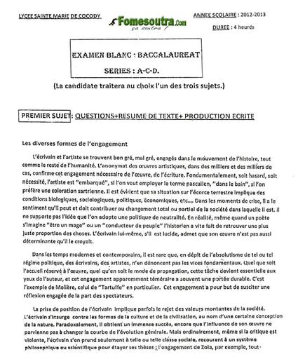 Sujet de Français BAC blanc 2013 série A-C-D Lycée Sainte Marie de Cocody