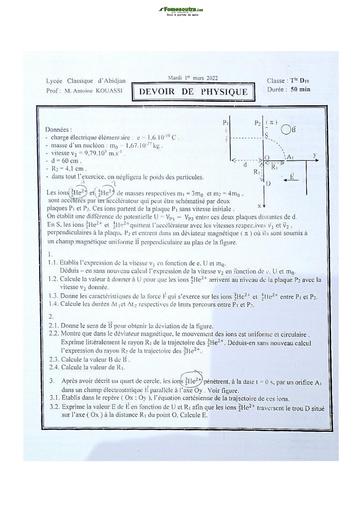 Sujet de Physique-Chimie Terminale D Lycée Classique Abidjan 2022