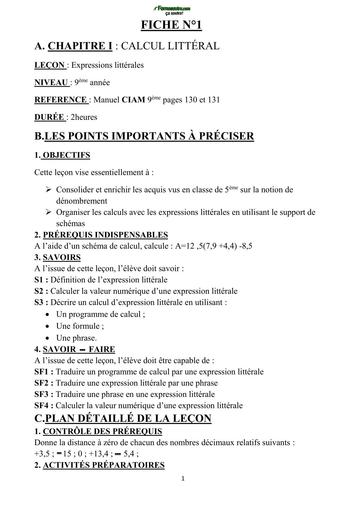 MATHS TECHNIQUE ACTIVITES NUMERIQUES 9eme