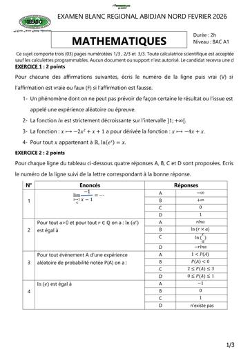 BAC BLANC FEVRIER 2026 DRENA ABIDJAN NORD SUJET MATHS SERIE A1 (SUJET) by TEHUA