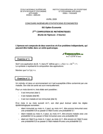 Sujet 2ème épreuve de maths ISE option économie 2009 (ENSEA - ISSEA)