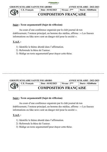 Sujets de composition française Niveau Troisième Collège Sainte Foi Abidjan 2022-2023