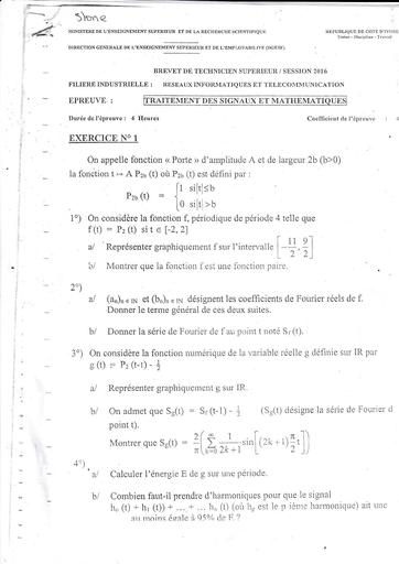 TRAITEMENT DES SIGNAUX ET MATHEMATIQUES BTS 2016